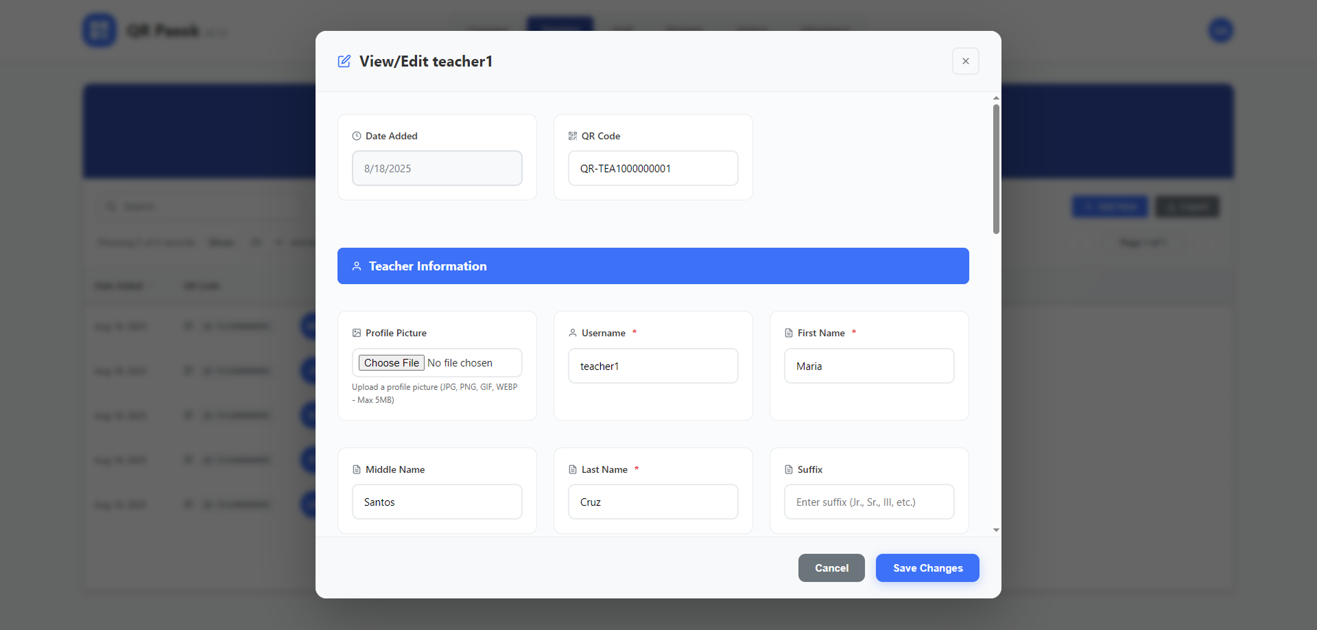 User Management Interface - Teacher profile and information management